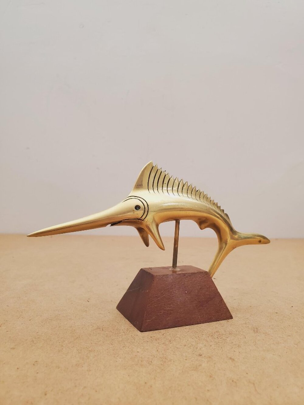 Paperweight I Vintage Swordfish / Marlin - Solid Brass on Wooden Frame I Desk